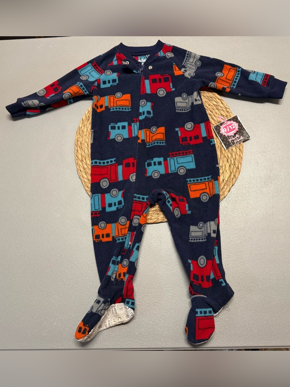 Kids One-Piece Footed Fleece Pajamas - Navy with Red, Orange & Blue Trucks
